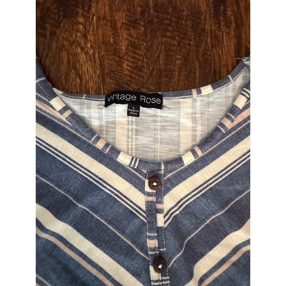 Vintage Rose Blue Striped Tie Front Button V-Neck Short Sleeve Top Large - Picture 2 of 3